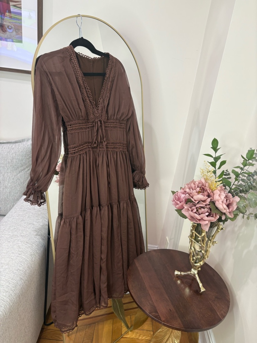 Commense Brown Long Sleeve Maxi Dress with Crochet Trim